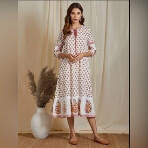 Shaaba Clothing White Red Hand Block Printed Cotton Dobby Dress size S